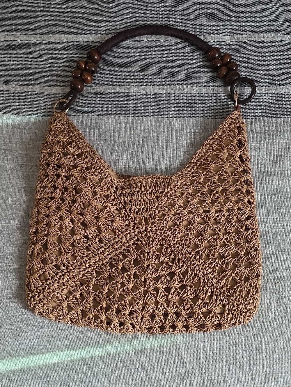 Handwoven Brown Crochet Shoulder Bag with Wooden Bead Handle